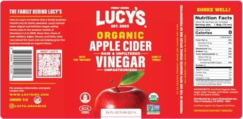Lucy's Family Owned - USDA Organic NonGMO Raw Apple Cider Vinegar, Unfiltered, Unpasteurized, With the Mother, 34oz GLASS Bottle