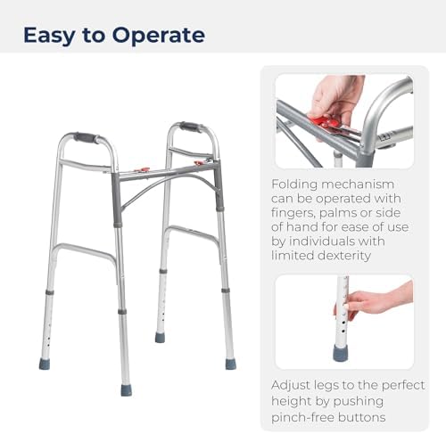 Drive Medical 2-Button Standard Foldable Walker for Seniors & Adults - Adjustable Legs - Lightweight Aluminum Construction - 350 Lb Weight Capacity - Basic Walking Aid - Silver