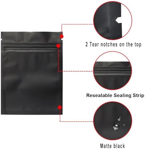100 Pack Mylar Bags 3.3 x 5.1 Inch Resealable Smell Proof Bags Foil Pouch Bag Flat Bag Matte Black
