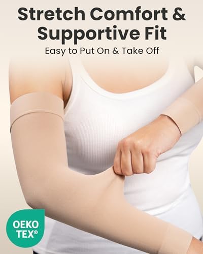 KEMFORD Compression Lymphedema Arm Sleeves for Women – 15-20 mmHg, Silicone Grip, 1 Pair, Beige, S/M – Medical Full Arm Support for Swelling, Circulation & Edema