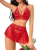 CRIPOM Sexy Lingerie for Women Naughty 3 Piece Lace Bralette, Mini Skirt with G-String Crotchless Lingerie Outfits