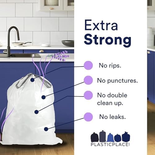 Plasticplace White Drawstring Lavender and Soft Vanilla Scented Garbage Can Liners, Compatible with Code H (200 Count), 8-9 Gallon / 30-35 Liter, 18.5" x 28