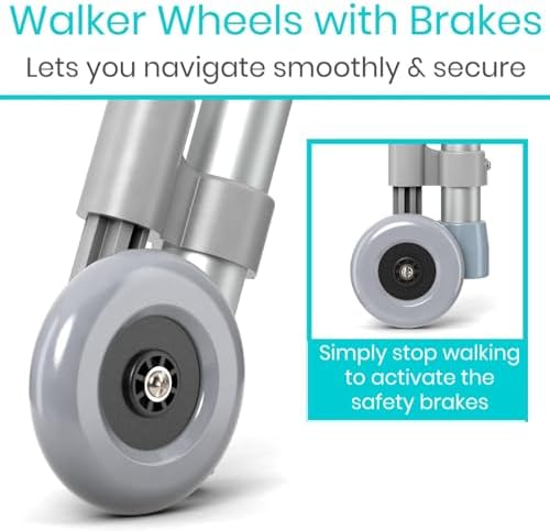 Vive Walker Wheels with Brakes - Mobility Aid Equipment for Seniors - Replacement Parts for Back Stability Safety - 3 Inch Rear Glide Rubber Wheel - Swivel/Lock Universal Adjustable Design