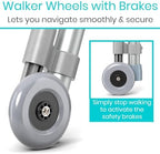 Vive Walker Wheels with Brakes - Mobility Aid Equipment for Seniors - Replacement Parts for Back Stability Safety - 3 Inch Rear Glide Rubber Wheel - Swivel/Lock Universal Adjustable Design