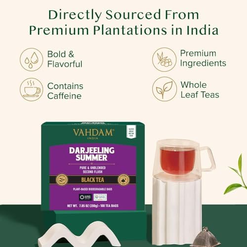VAHDAM, Darjeeling Black Tea Bags (100 Count) High Caffeine, Non GMO, Gluten Free | Smooth & Sweet Tea With Distinguished Fruity Notes | Full Bodied