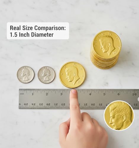 Large Chocolate Gold Coins, 32-Pack, Milk Chocolate Candy, 1.5 Inch Half Dollar Size, Gold Foil, Individually Wrapped Party Favors For Holidays, Candy Buffets, Goodie Bags, Treasure & Easter Hunts