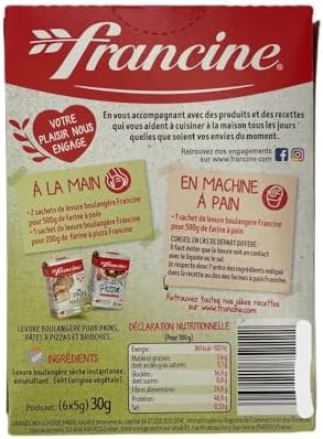 Francine - yeast for baking bread - (6x5g sachets) 30g - bread machine yeast - levadura para hacer pan - Instant dry yeast. Plant-based. French Imported.