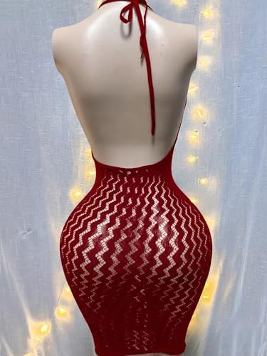 OYOANGLE Women's Fishnet Halter Bodycon Lingerie Dress Sexy Hollow Out See Through Sleeveless Chemise Beach Cover Up Dress