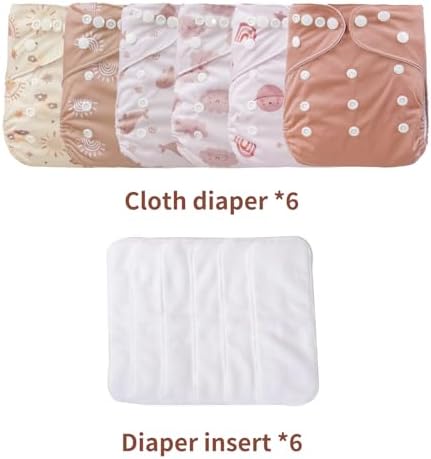 CoolaPeach 12 Set Reusable Adjustable Cloth Diapers for Newborn to 0-3 Years,One Size Washable Pocket Nappy Covers for Baby Girl and Boy,6 Pack Cloth Diapers+6pcs Microfiber Inserts(Pink)