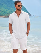COOFANDY Men's Short Sleeve Casual Button Down Shirts Summer Beach Wedding Textured Linen Shirt for Men
