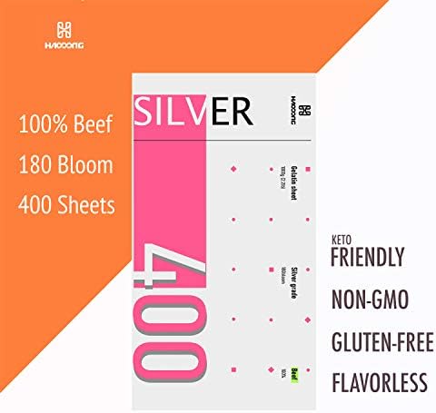HAODONG Beef Silver Gelatin Sheets - 380-400Sheets 1KG(2.2LBS), 180Bloom Gelatin Leaves for Baking, Cooking Mirror Glaze Dessert Jellies Mousse Cake