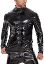 Men Sexy Leather Shirt, Glossy, Plus Size, Full Zipper, Shiny Latex Coat For Male, Red