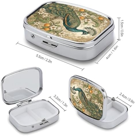 Metal 2 Compartment Pill Organizer Travel Friendly Portable Compact Pill Box Cute Pill Case,for Pocket Wallets Daily Portable Medicine Vitamin Tablet Storage (Beautiful Peacocks)