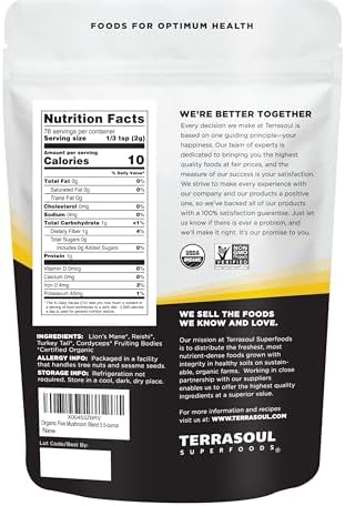 Terrasoul Superfoods Organic Five Mushroom Blend | Adaptogenic | USDA Organic, Vegan, Non-GMO, Gluten-Free | Reishi, Chaga, Lion’s Mane, Cordyceps, Turkey Tail
