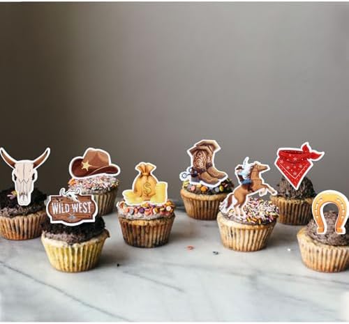40Pcs Cowboy Edible Cupcake Toppers Edible Horse Wild West Holy Cow Horse Shoe Cowboy Hats Cupcake Picks for Boys Girls Western Birthday Cowboys Party Cake Cupcake Decorations