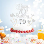 70th Birthday Cake Decorations, 70th Birthday Candles Cake Numeral Candles and Glitter Happy 70th Birthday Cake Toppers Set for Birthday Party Supplies (Silver)