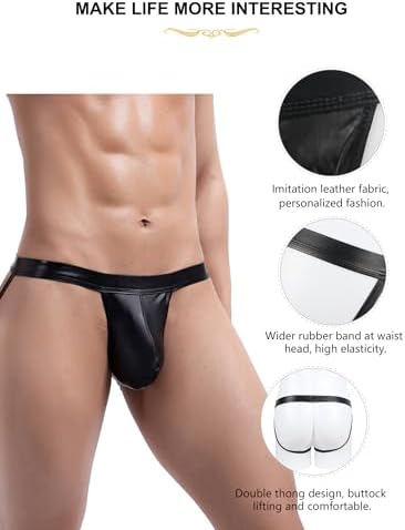 comeondear Men's Jockstrap Underwear Faux Leather Thong Underwear G-String with Pouch Butt-Flaunting Gym Low Rise Brief