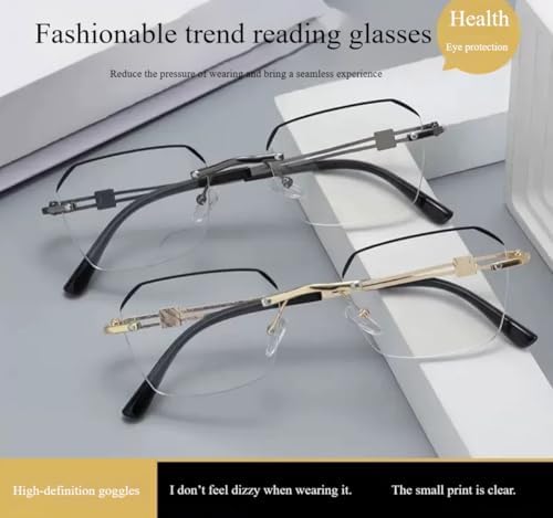 Black Auto Adjusting Reading Glasses, Rimless Photochromic Presbyopia for Men HD Clarity, Anti Blue Light Dual Use
