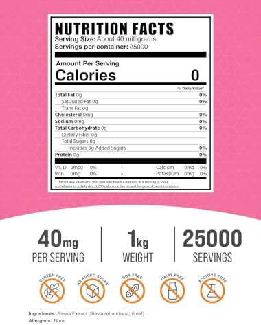 BulkSupplements.com Stevia Extract Powder - Stevia Sweetener, Pure Stevia Powder - Zero Calorie Sweetener, Gluten Free, 40mg per Serving, 1kg (2.2 lbs) (Pack of 1)