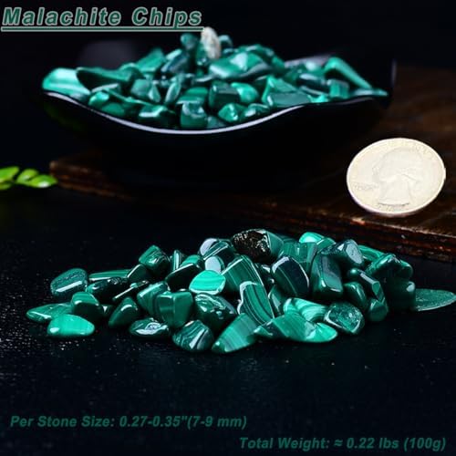 Erliway 100g Natural Malachite Crystal Chips, 7-9mm Tumbled Chips Crushed Crystal Stone, Polished Crystal Chip for Vase Filler, Healing Tumbled Crystal Chip for Reiki Crystal Jewelry Making Home Decor
