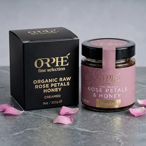 ORPHE Organic Raw Rose Petals Honey, Creamed – Unheated & Unfiltered Wildflower Blossom Honey with Natural Pollen – Smooth Spreadable Premium Packaging, 9oz Glass Jar