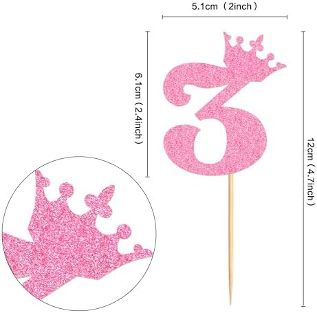Ercadio 24 Pack Number 3 Cupcake Topper 3rd Birthday Cupcake Picks Glitter Pink Crown Cupcake Decorration Cheers to 3 Anniversary for Baby Shower Weeding Princess Girl Party Cake Supplies
