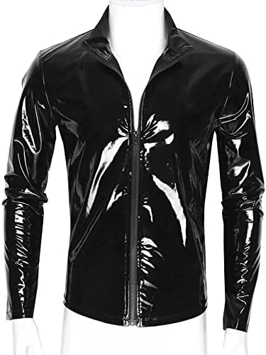 Panegy Men's Liquid Shiny Leather Shirt Jacket Slim Fit Wetlook Party Nightout Club 70s/80s Disco Blouse Tshirt