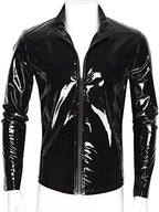 Panegy Men's Liquid Shiny Leather Shirt Jacket Slim Fit Wetlook Party Nightout Club 70s/80s Disco Blouse Tshirt