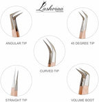 LASHORAA Professional 5pc Lash Extension Tweezers Pack - Fiber Tip Diamond Grip Japanese Steel, Precision Angled Tips - Perfect for Volume & Mega Volume Lashes with Leather Pouch (Peach)