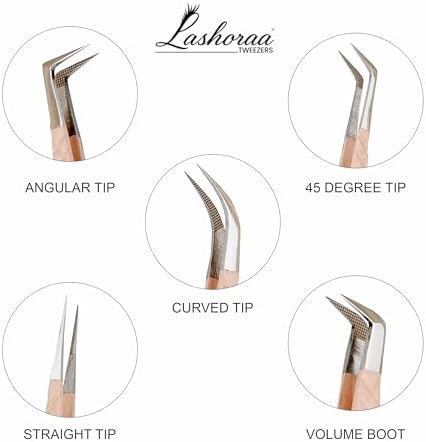 LASHORAA Professional 5pc Lash Extension Tweezers Pack - Fiber Tip Diamond Grip Japanese Steel, Precision Angled Tips - Perfect for Volume & Mega Volume Lashes with Leather Pouch (Peach)