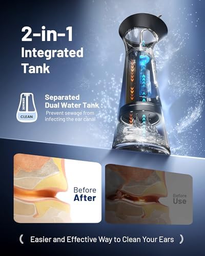 Ear Wax Removal with One-Piece Waste Tank, FSA-HSA-Eligible, Water Powered Ear Cleaner, Electric Ear Cleaning Kit with Water Temperature Sensor, Ear Irrigation Flushing System, Black