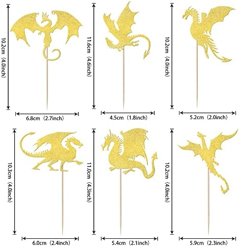 24 Pack Dragon Cupcake Toppers Glitter Fantasy Birthday Cupcake Picks for Medieval Dragon Theme Baby Shower Kids Birthday Party Cake Decorations Supplies Gold