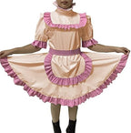 Adult Sexy Lockable Cross Dressing Sissy Maid PVC Dress Lockable Uniform Apron Costume Jumpsuits Rompers,Apricot,L