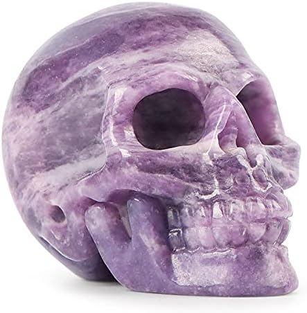 Artistone 2" Crystal Human Skull Head Decor Statue Carved Gemstone Purple Lepidolite Skeleton Head Art Figurines Reiki Healing Stone for Halloween Christmas Ornaments Home Office Decoration