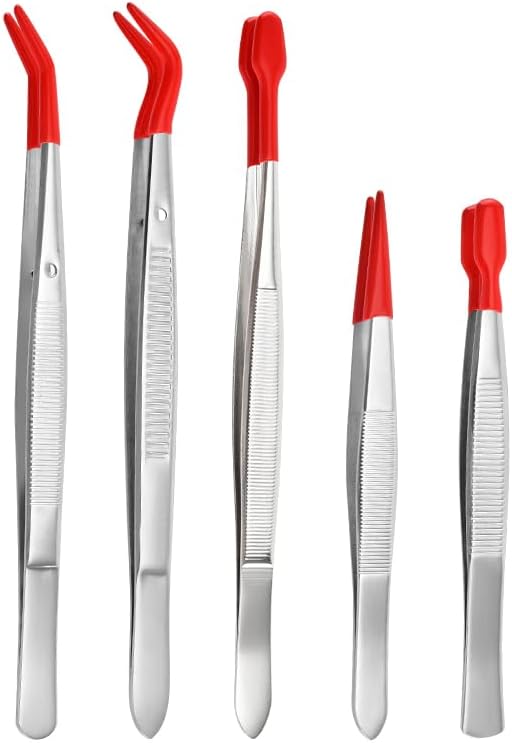 5pcs Rubber Tweezers, 5 Different Sizes of Long Tweezers with Rubber Tips for Crafts Precision, Silicone Tweezer for Jewelry, Bead Making, and Industrial Use, Red