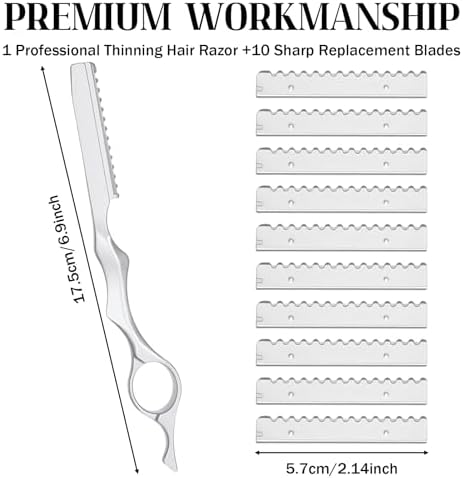 Hair Razors for Cutting Hair, 6.9" Stainless Steel Hair Thinning Razor Kit with 10Pcs Replacement Blades, Professional Styling Texturizing Cutting Razor Tool for Salon and Home