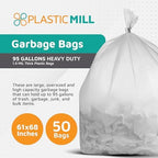 PlasticMill Heavy Duty Trash Bags - Clear Garbage Bags - Plastic Trash Bags for Large Rolling Trash Bins - Tall Trash Bags - 95-Gallon Large Kitchen Trash Bags, 1.5 Mil, 61"x68" (50-Count)