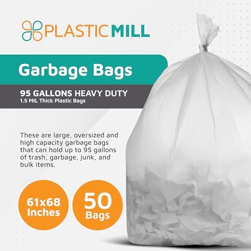 PlasticMill Heavy Duty Trash Bags - Clear Garbage Bags - Plastic Trash Bags for Large Rolling Trash Bins - Tall Trash Bags - 95-Gallon Large Kitchen Trash Bags, 1.5 Mil, 61"x68" (50-Count)