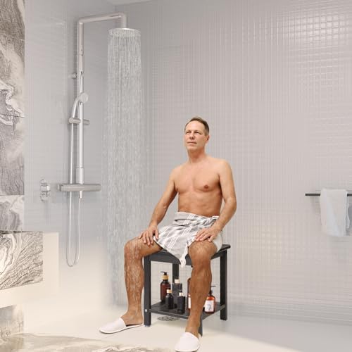 Apolimi Shower Chair,HDPE Shower Bench for Inside Shower to Sit On It, Shower Stool with Storage Shelf 2-Tier Spa Stool for Elderly,Water Resistant & Non-Slip Design Shower Seat Bench (Black S Size)