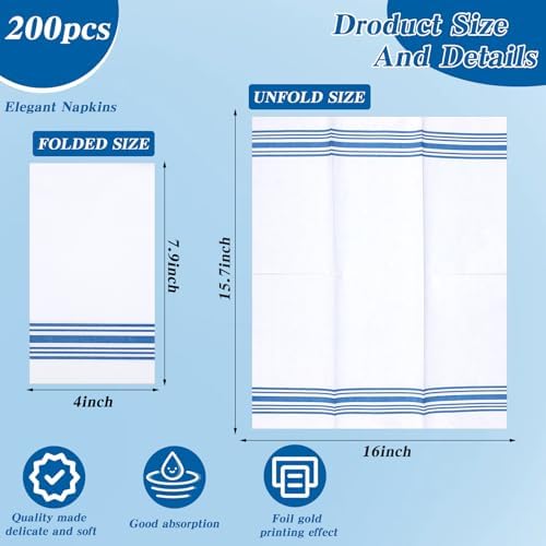 200 Pack Guest Napkins Disposable Paper Hand Towels Bathroom Decorative Napkins Linen Feel Soft Absorbent Bulk Dinner Paper Towels for Kitchen Event Wedding Christmas Party(Blue Stripe)