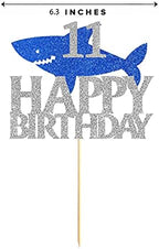 Shark Happy 11th Birthday Cake Topper Blue Silver Glitter Boy Girl 11 Years Ocean Birthday Party Decoration