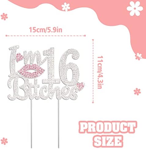 I'm 16th Funny Birthday Pink Rhinestone Cake Topper - Happy 16th Birthday Cheers to 16 Years Old Sixteen Bday Party Metal Sparkly Food Centerpieces Topper Decorations Sign.