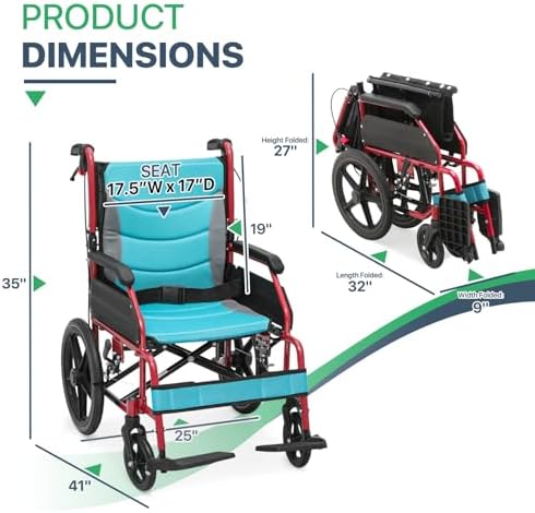 Magshion Foldable Transport Wheelchair for Adults 250 Lbs, Lightweight Transport Chair for Seniors, Portable Wheel Chair with Removable Cushion, Push-to-Lock & Hand Brakes, 17.5" Seat (Red Frame)