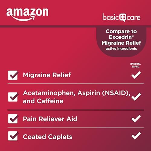 Amazon Basic Care Migraine Relief Acetaminophen, Aspirin (NSAID) and Caffeine Tablets, Pain Reliever/Pain Reliever Aid, 200 Count