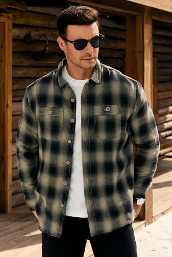 Men Fleece-Lined Button Shirt Flannel Plaid Warm Winter Casual Jacket with Flap Pockets (S-3XL)