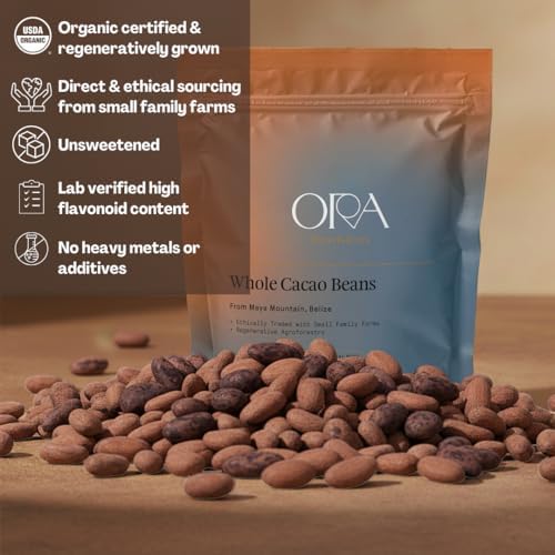 ORA Whole Cacao Beans, 10oz - Organic, Ethical, Regenerative, Heavy Metals Tested, Unsweetened