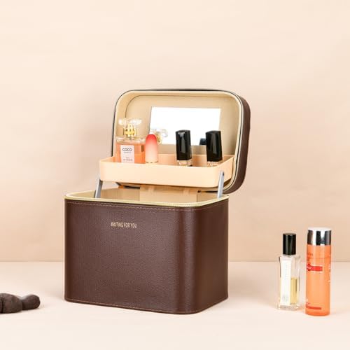 Luxury brown makeup box, Portable leather hard cosmetic case with mirror, Sturdy train case make up box for women adults. (Double-layer-Brown)