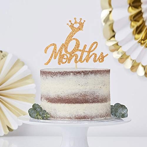 Gold Glittery 6 Months Cake Topper for Baby's Half Year Old Birthday Party, 1/2 Birthday, First Birthday, Baby Shower, Half Year Anniversary Party Decorations