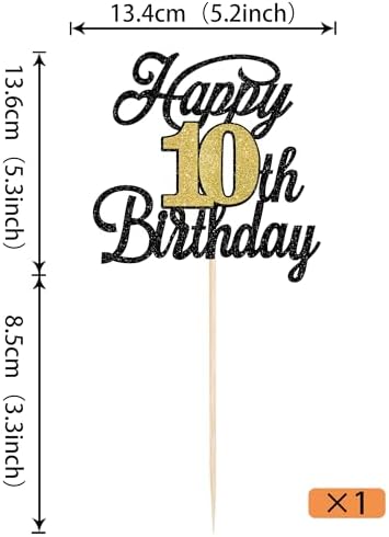 Rsstarxi 1 Pack Happy 10th Birthday Cake Topper Glitter 10 Fabulous Cake Decoration Hello 10 Cheers to 10 Years Birthday Cake Pick for Happy 10th Birthday Anniversary Party Decorations Black Gold