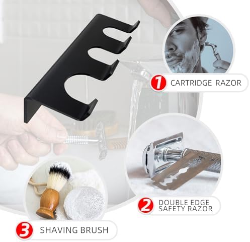 Acrylic Shower Wall Razor Holder Organizer for Men's Double Edge Safety Razor & Shaving Brush (Black)